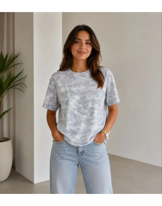 Batik Desenli Tişört Bisiklet Yaka Kısa Kol Regular Fit T-shirt - Gri