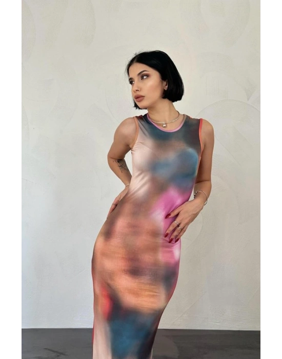 Bej Batik Desenli Elbise