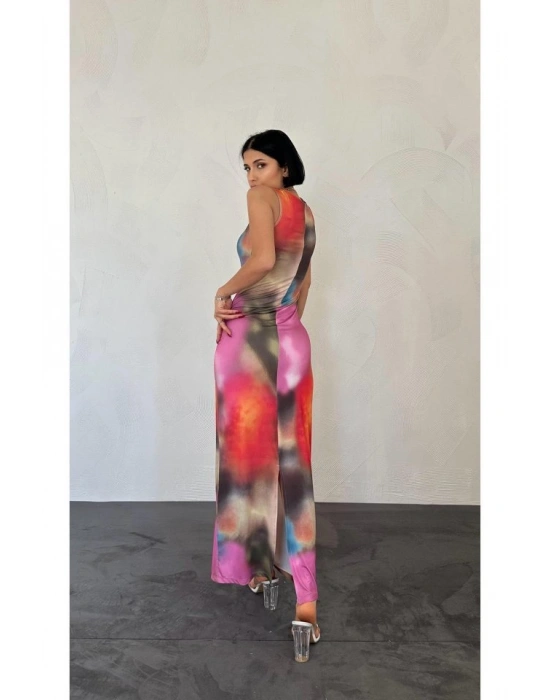 Bej Batik Desenli Elbise