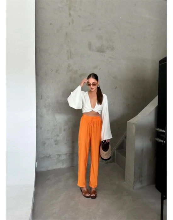 BEL LASTİK DETAYLI MODAL KUMAŞ PANTOLON - Orange