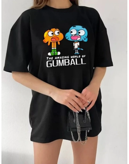 Bisiklet Yaka Baskılı Oversize T-Shirt - Siyah