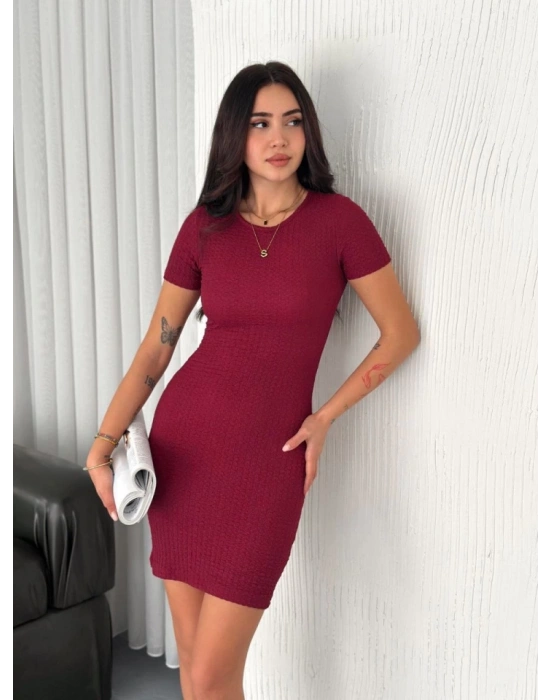 Bisiklet Yaka Kısa Kol Likralı Elbise - Bordo