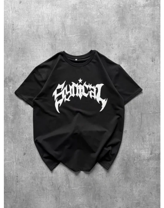 Bisiklet Yaka Ön Baskılı  Kısa Kollu Tişört Streetwear Günlük Basic Pamuklu T-shirt - Siyah