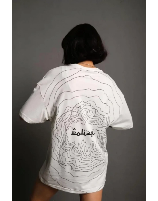Bisiklet Yakalı Sırt Baskılı Oversize T-Shirt - Beyaz