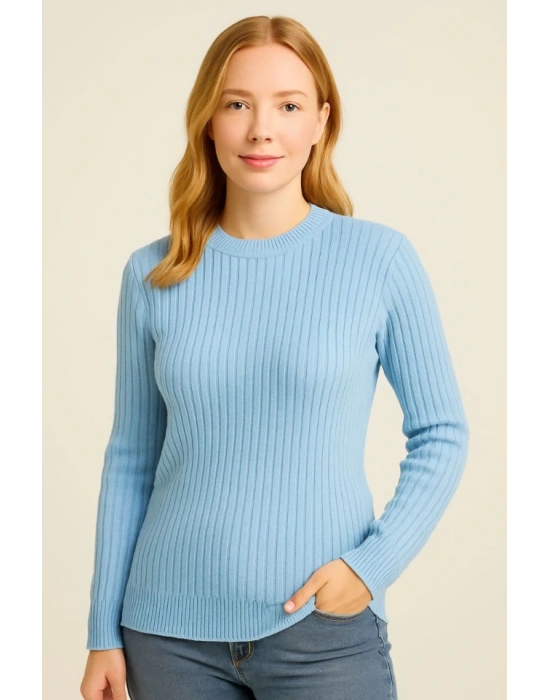 Bisiklet Yuvarlak Yaka Triko Kazak Pamuklu Kalın Fitilli Dokuma, Regular Fit Uzun Kollu Kışlık Model - Bebe Mavisi