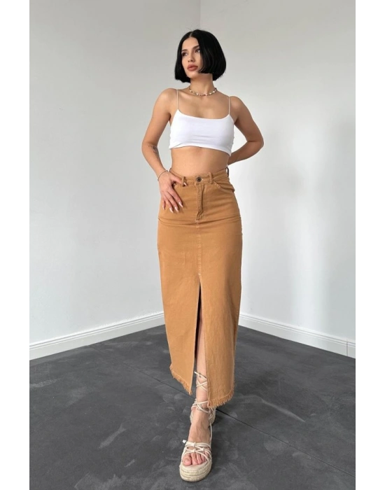 Camel Gabardin Boyamalı Püsküllü Etek