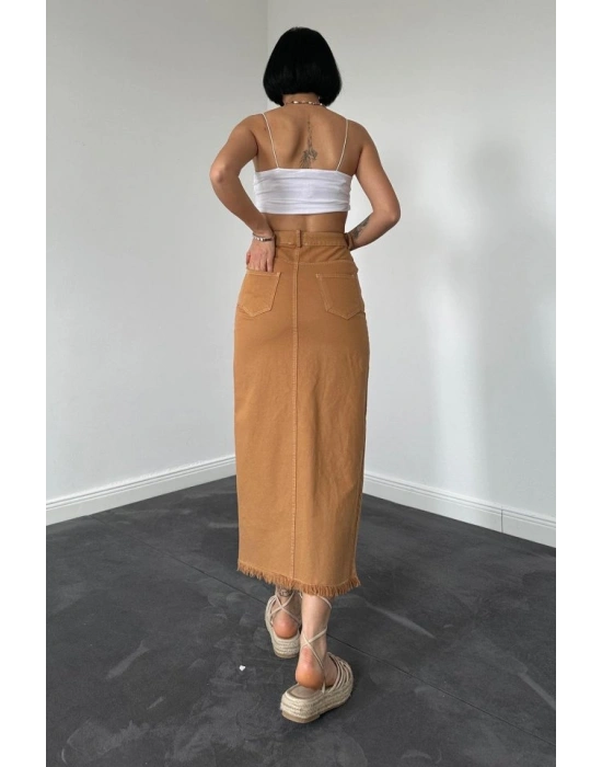 Camel Gabardin Boyamalı Püsküllü Etek