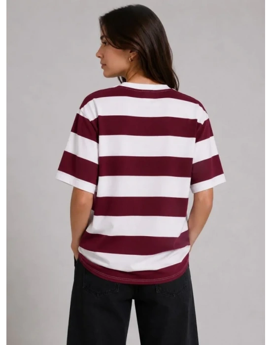 Çizgili Oversize Tişört Bisiklet Yaka Kısa Kol Yazlık T-Shirt - Bordo