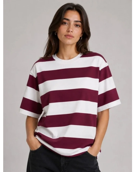 Çizgili Oversize Tişört Bisiklet Yaka Kısa Kol Yazlık T-Shirt - Bordo