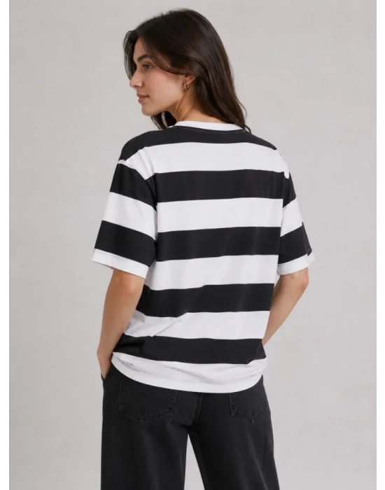 Çizgili Oversize Tişört Bisiklet Yaka Kısa Kol Yazlık T-Shirt - Siyah