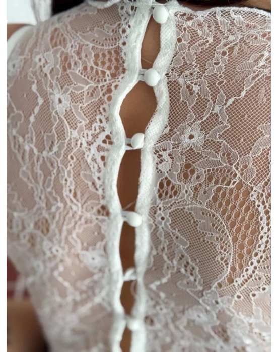 Dantel Detaylı Derin Dekolte Body Şık Kolsuz Yazlık Bodysuit - Beyaz