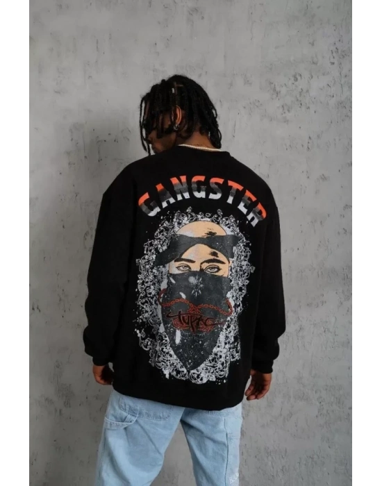 Erkek 3 İplik Gangster Baskılı Sweatshirt - Siyah