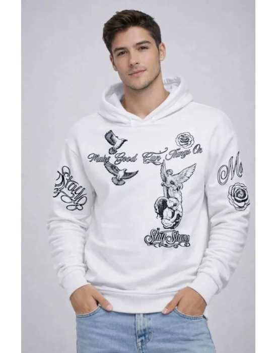 Erkek 3 İplik Pamuklu Kapüşonlu Baskılı SweatShirt Hoodie - Beyaz
