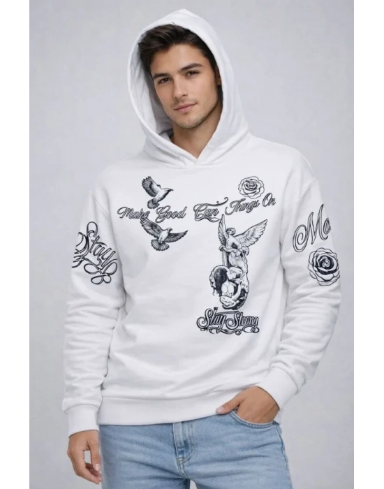 Erkek 3 İplik Pamuklu Kapüşonlu Baskılı SweatShirt Hoodie - Beyaz