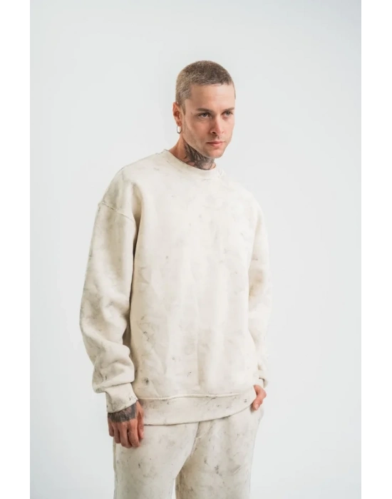 Erkek 3 İplik Pamuklu Yağ Yıkamalı Sweatshirt Double Oversize Bisiklet Yaka Uzun Kol - Krem