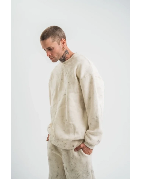Erkek 3 İplik Pamuklu Yağ Yıkamalı Sweatshirt Double Oversize Bisiklet Yaka Uzun Kol - Krem