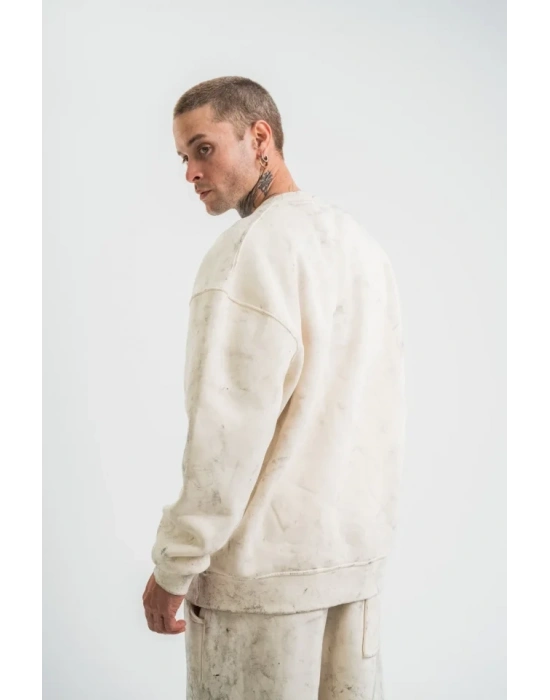 Erkek 3 İplik Pamuklu Yağ Yıkamalı Sweatshirt Double Oversize Bisiklet Yaka Uzun Kol - Krem