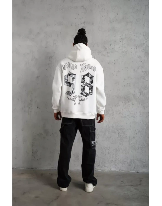 Erkek 98 Baskılı Kapşonlu Sweat - Beyaz
