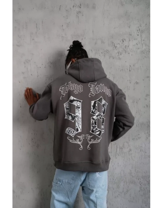 Erkek 98 Baskılı Kapşonlu Sweat - Gri