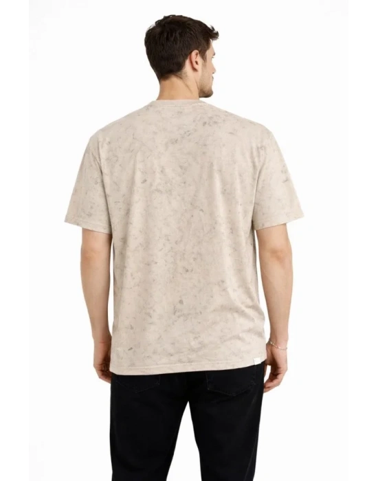 Erkek Asit Yıkama Bisiklet Yaka Kısa Kollu Oversize T-Shirt Tişört - Bej