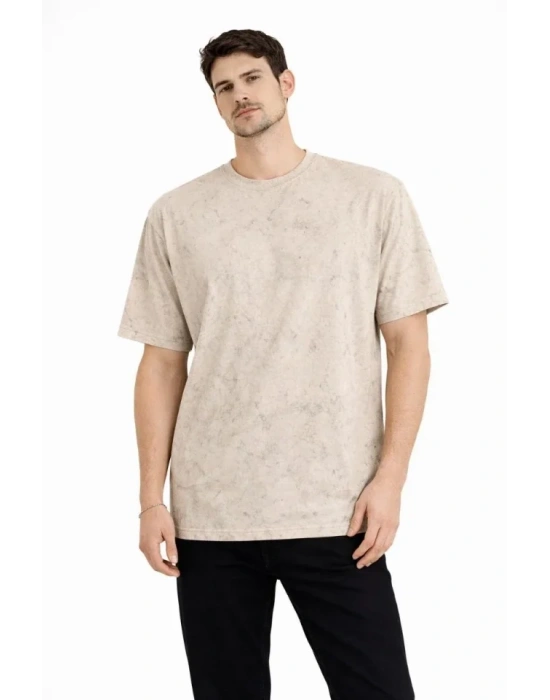 Erkek Asit Yıkama Bisiklet Yaka Kısa Kollu Oversize T-Shirt Tişört - Bej