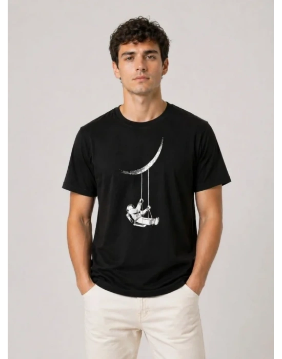 Erkek Astronot Ay Temalı Tişört Kısa Kol Yazlık Bisiklet Yaka T-Shirt - Siyah