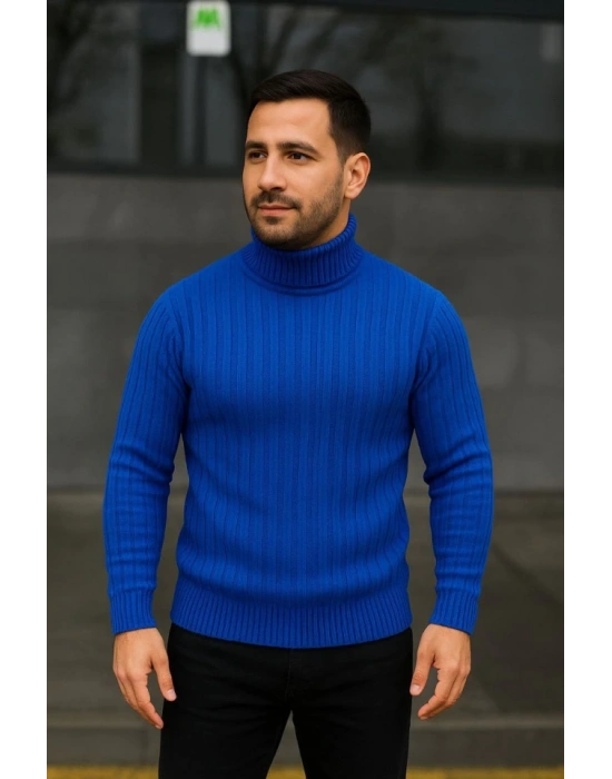 Erkek Balıkcı Yaka Bağazlı Triko Kazak Pamuklu Kalın Fitilli Dokuma, Regular Fit Uzun Kollu Kışlık Model - Saks Mavisi