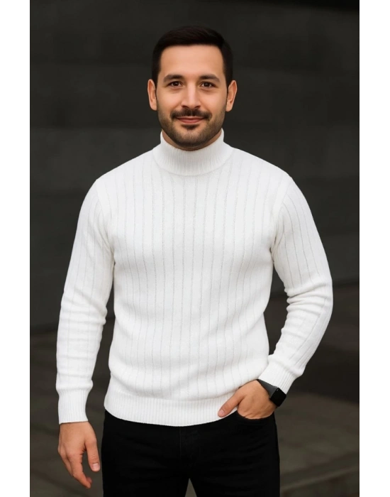 Erkek Balıkcı Yaka Bağazlı Triko Kazak Pamuklu Kalın Fitilli Dokuma, Regular Fit Uzun Kollu Kışlık Model - Beyaz