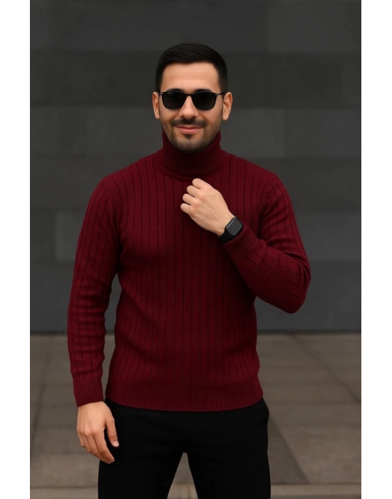 Erkek Balıkcı Yaka Bağazlı Triko Kazak Pamuklu Kalın Fitilli Dokuma, Regular Fit Uzun Kollu Kışlık Model - Bordo