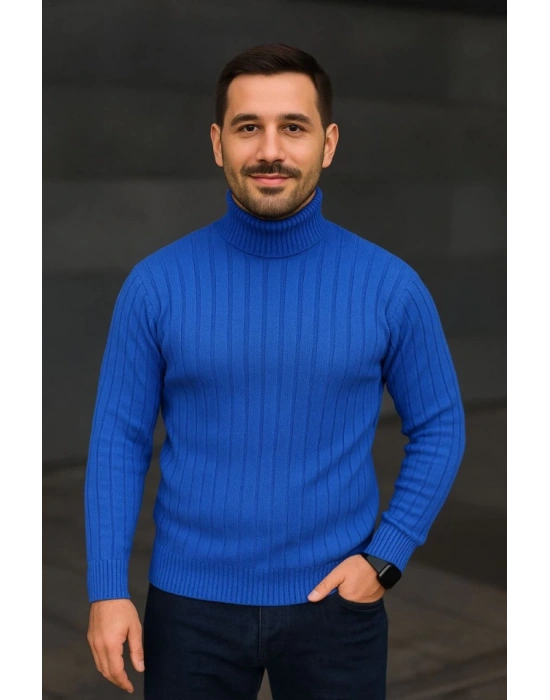 Erkek Balıkcı Yaka Bağazlı Triko Kazak Pamuklu Kalın Fitilli Dokuma, Regular Fit Uzun Kollu Kışlık Model - Saks Mavisi