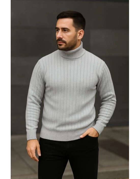 Erkek Balıkcı Yaka Bağazlı Triko Kazak Pamuklu Kalın Fitilli Dokuma, Regular Fit Uzun Kollu Kışlık Model - Gri
