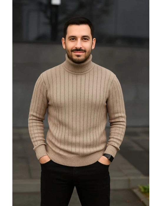 Erkek Balıkcı Yaka Bağazlı Triko Kazak Pamuklu Kalın Fitilli Dokuma, Regular Fit Uzun Kollu Kışlık Model - Bej