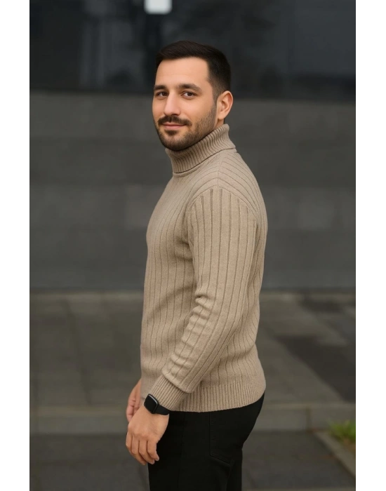 Erkek Balıkcı Yaka Bağazlı Triko Kazak Pamuklu Kalın Fitilli Dokuma, Regular Fit Uzun Kollu Kışlık Model - Bej