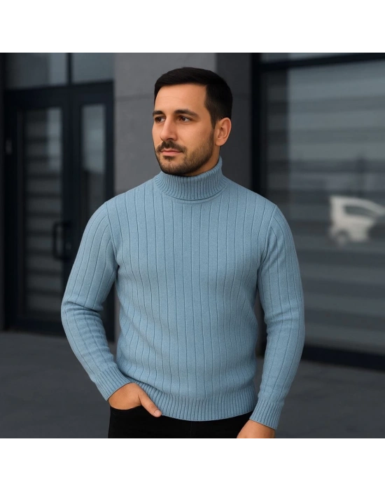 Erkek Balıkcı Yaka Bağazlı Triko Kazak Pamuklu Kalın Fitilli Dokuma, Regular Fit Uzun Kollu Kışlık Model - Bebe Mavisi