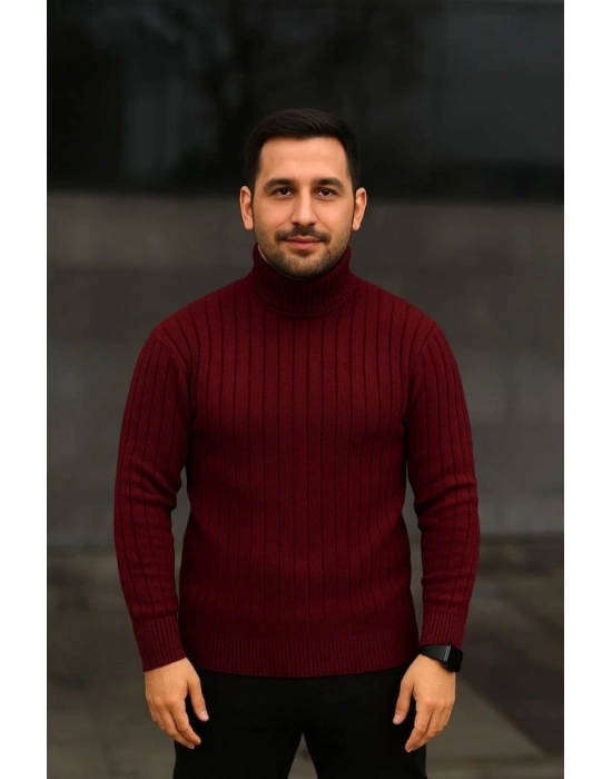 Erkek Balıkcı Yaka Bağazlı Triko Kazak Pamuklu Kalın Fitilli Dokuma, Regular Fit Uzun Kollu Kışlık Model - Bordo