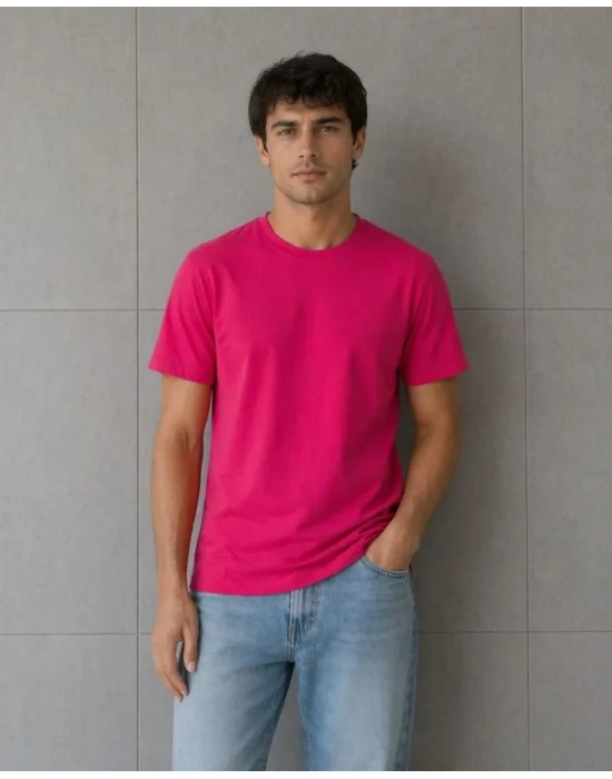 Erkek Basic Pamuklu Tişört Bisiklet Yaka Düz Renk Regular Fit T-Shirt - Fuşya