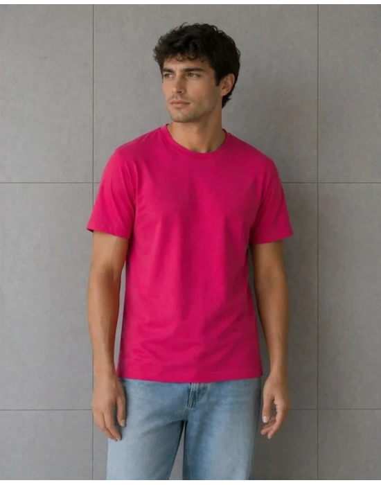Erkek Basic Pamuklu Tişört Bisiklet Yaka Düz Renk Regular Fit T-Shirt - Fuşya