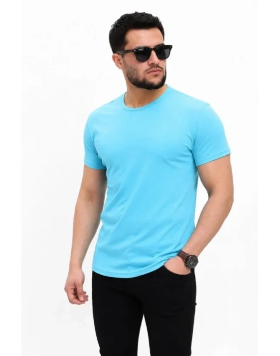 Erkek Basic Tişört Bisiklet Yaka Kısa Kol Günlük Yazlık Slim Fit T-Shirt - Açık Mavi