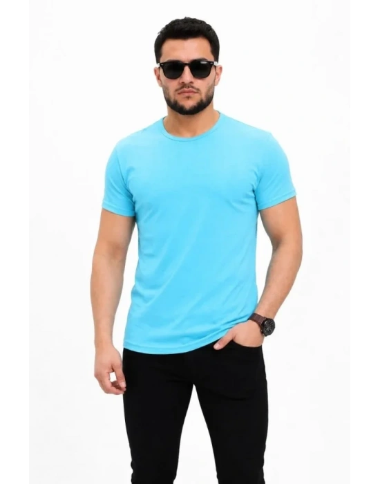 Erkek Basic Tişört Bisiklet Yaka Kısa Kol Günlük Yazlık Slim Fit T-Shirt - Açık Mavi