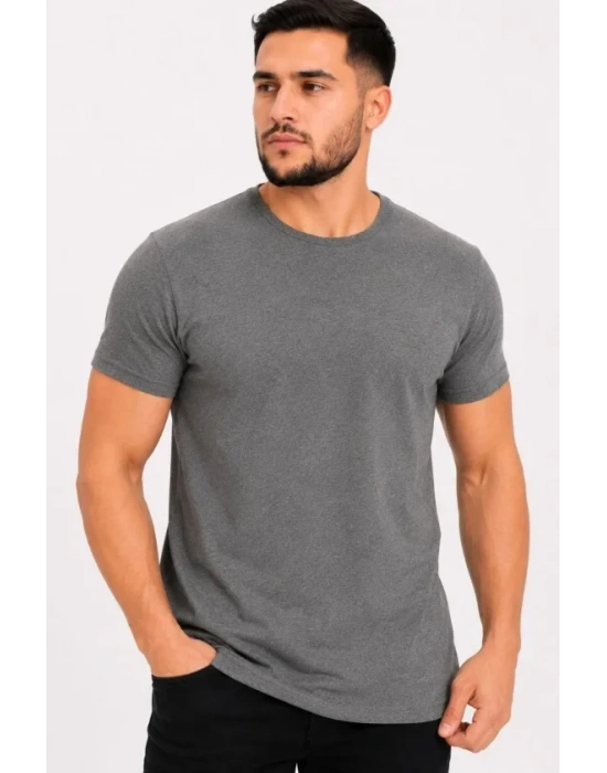 Erkek Basic Tişört Bisiklet Yaka Kısa Kol Günlük Yazlık Slim Fit T-Shirt - Antrasit