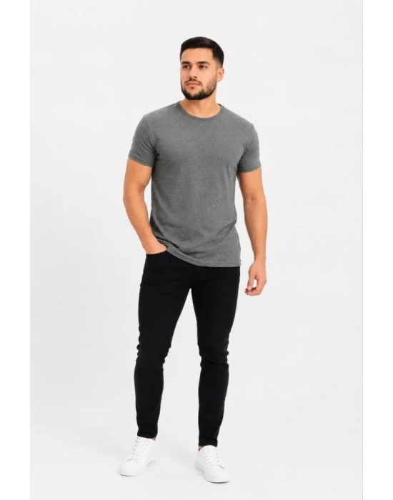 Erkek Basic Tişört Bisiklet Yaka Kısa Kol Günlük Yazlık Slim Fit T-Shirt - Antrasit