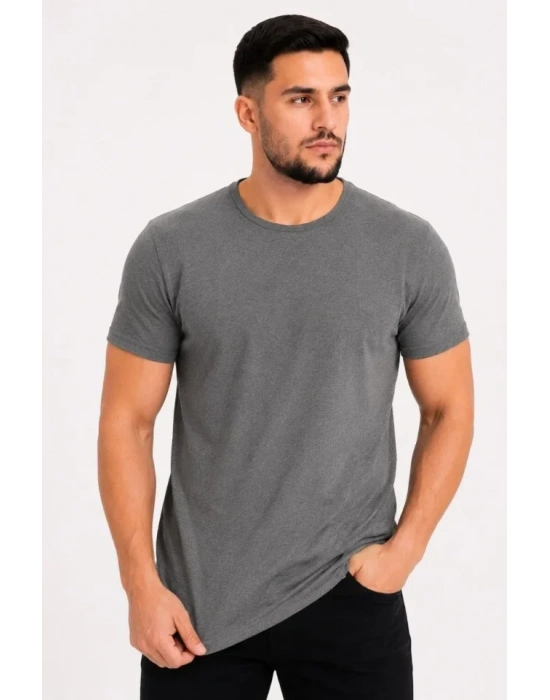 Erkek Basic Tişört Bisiklet Yaka Kısa Kol Günlük Yazlık Slim Fit T-Shirt - Antrasit