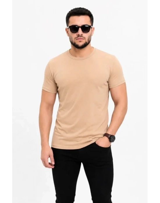 Erkek Basic Tişört Bisiklet Yaka Kısa Kol Günlük Yazlık Slim Fit T-Shirt - Bej