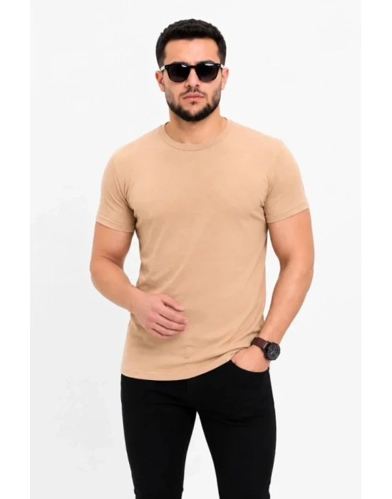 Erkek Basic Tişört Bisiklet Yaka Kısa Kol Günlük Yazlık Slim Fit T-Shirt - Bej