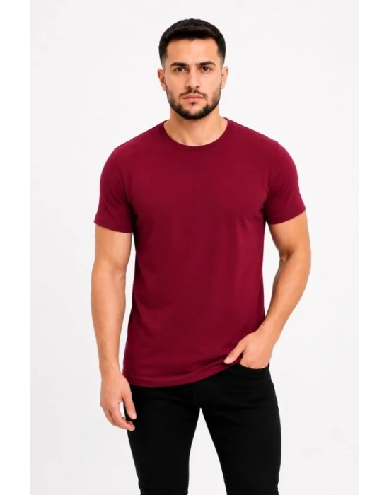 Erkek Basic Tişört Bisiklet Yaka Kısa Kol Günlük Yazlık Slim Fit T-Shirt - Bordo
