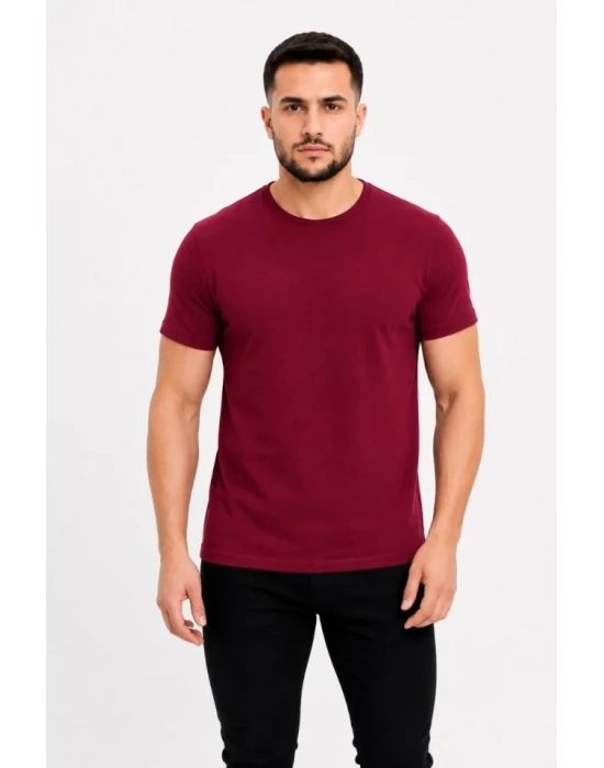 Erkek Basic Tişört Bisiklet Yaka Kısa Kol Günlük Yazlık Slim Fit T-Shirt - Bordo