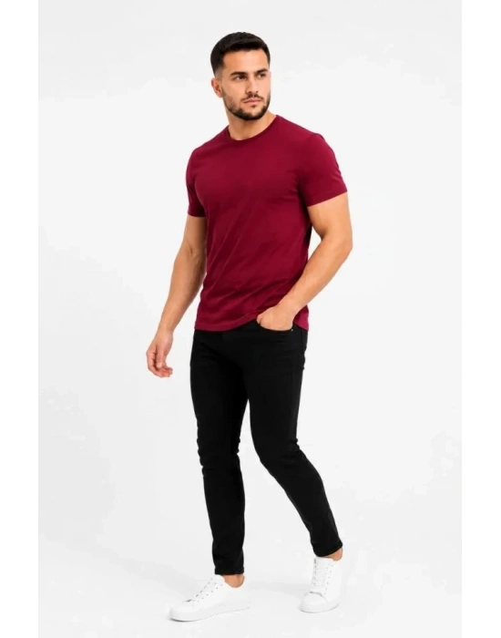 Erkek Basic Tişört Bisiklet Yaka Kısa Kol Günlük Yazlık Slim Fit T-Shirt - Bordo