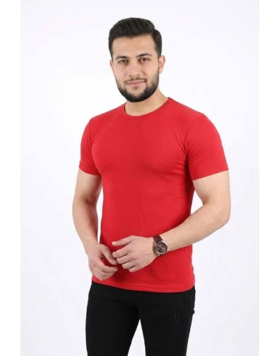 Erkek Basic Tişört Bisiklet Yaka Kısa Kol Günlük Yazlık Slim Fit T-Shirt - Kırmızı