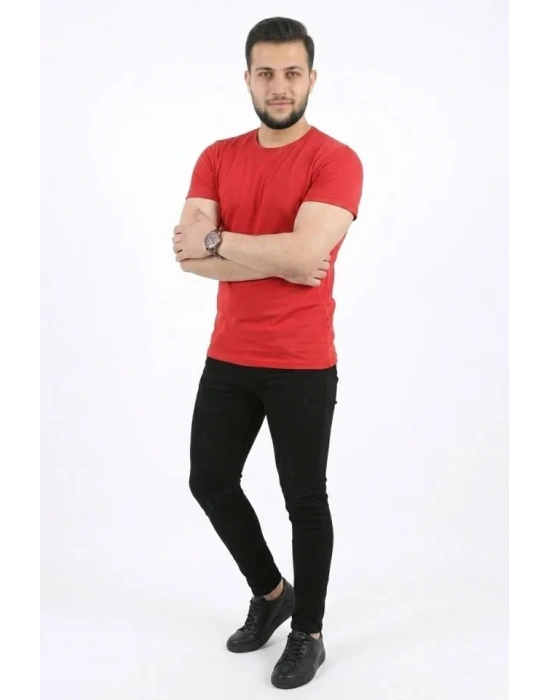 Erkek Basic Tişört Bisiklet Yaka Kısa Kol Günlük Yazlık Slim Fit T-Shirt - Kırmızı