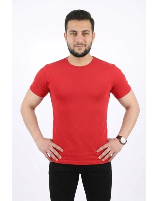 Erkek Basic Tişört Bisiklet Yaka Kısa Kol Günlük Yazlık Slim Fit T-Shirt - Kırmızı